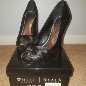 Black satin peep-toe heels